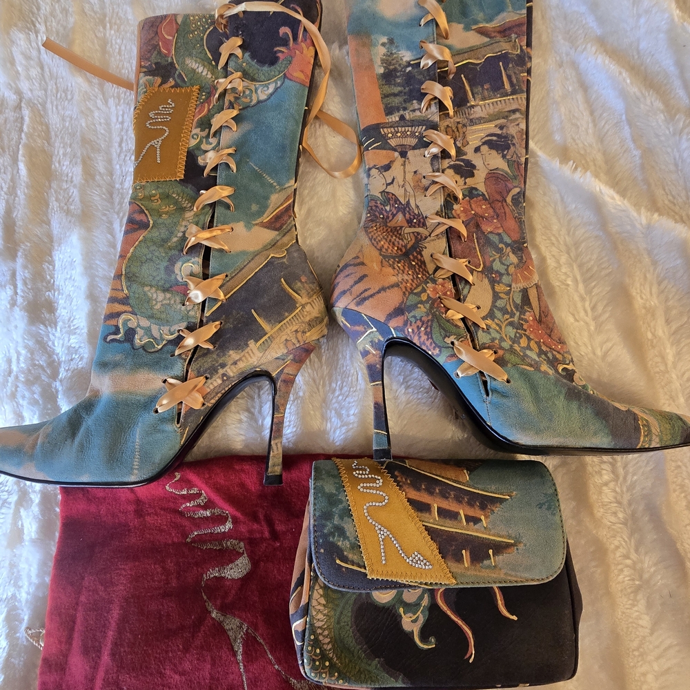 Elegant Vintage Rene Caovilla Multicolor Lace-Up Heeled Boots & Matching Clutch
